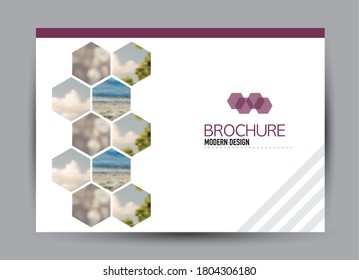 Flyer template. Brochure design. Horizontal a4 banner. Magazine, book, presentation or booklet cover. Education, business, technology, social media background design. Purple color vector illustration.