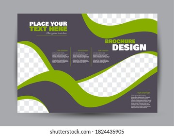 Plantilla de volante. Diseño de folleto. Banner horizontal a4. Revista, libro, presentación o portada. Educación, negocios, tecnología, diseño de antecedentes en medios sociales. Color púrpura y verde