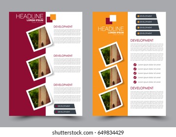 Flyer template. Brochure set. Annual report cover design.  Business or education poster. A4 size vector illustration. Red and orange color