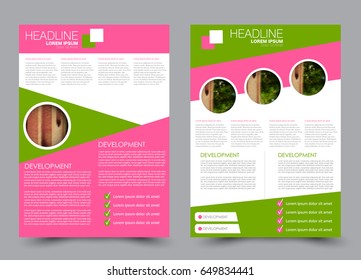 Flyer template. Brochure set. Annual report cover design.  Business or education poster. A4 size vector illustration. Green and pink color