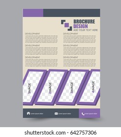 Flyer template. BUsiness brochure. Annual report cover. Editable A4 poster for design, education, presentation, website, magazine page. Vector illustration. Purple color.