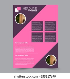 Flyer template. Business brochure or annual report cover. Editable A4 poster for design, education, presentation, website, magazine page. Vector illustration. Pink and purple color