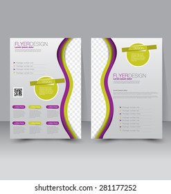 Flyer template. Business brochure. Editable A4 poster for design, education, presentation, website, magazine cover. Puprle and green color.