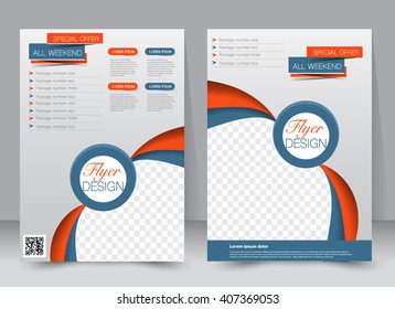 Flyer template. Business brochure. Editable A4 poster for design, education, presentation, website, magazine cover. Orange and blue color.  Editable vector illustration