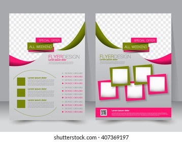 Flyer template. Business brochure. Editable A4 poster for design, education, presentation, website, magazine cover. Pink and green color.  Editable vector illustration