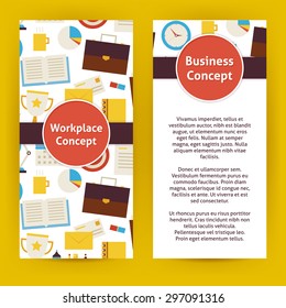 Flyer Template of Business Workplace Concept Objects and Elements. Flat Style Design Vector Illustration of Brand Identity for Office life and Work Promotion. Colorful Pattern for Advertising