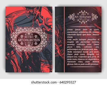 Flyer template with calligraphic frames on black and red marble imitation background. Set of front and back A4 page design for greeting cards, menu, layout, brochure, book
