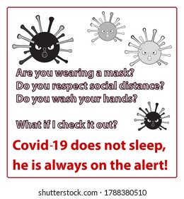 Flyer template calling for safety measures to protect against coronavirus, black and gray bacteria covid-19, white background. Great for making flyers and social media posters.