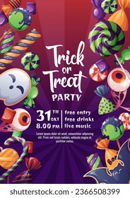 Flyer template with cauldron of sweets. Halloween party. Trick or treat. Party invitation design.