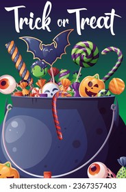 Flyer template with cauldron of sweets. Halloween party. Trick or treat. Party invitation design.