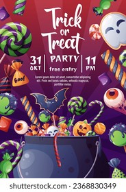 Flyer template with cauldron of sweets. Halloween party. Trick or treat. Party invitation design.