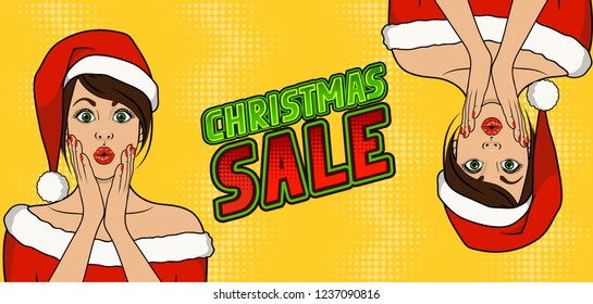 Flyer template in comic style. Christmas Sale. European girls in Santa's caps on the yellow halftone background. Wow face. Vector illustration in pop art style