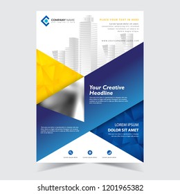 Flyer template design with blue and yellow abstract polygonal background design