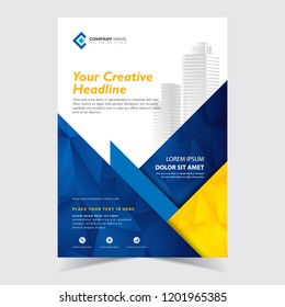 Flyer Template Design With Blue And Yellow Abstract Polygonal Background