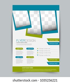 Flyer template. Design for a business, education, advertisement brochure, poster or pamphlet. Vector illustration. Blue and green color.