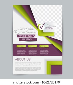 Flyer template. Design for a business, education, advertisement brochure, poster or pamphlet. Vector illustration. Purple and green color.