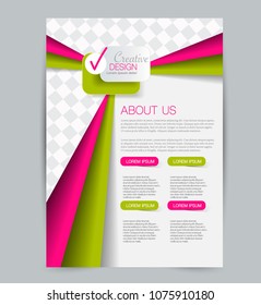 Flyer template. Design for a business, education, advertisement brochure, poster or pamphlet. Vector illustration. Green and pink color.