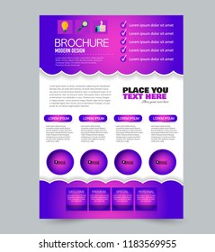 Flyer template. Design for a business, education, advertisement brochure, poster or pamphlet. Vector illustration. Purple color.