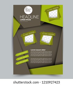 Flyer template. Design for a business, education, advertisement brochure, poster or pamphlet. Vector illustration. Green and brown color.