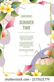 Diseño de planchas de volante con cóctel de coco, paraguas y pajaritas de cóctel, flores frangipani. Fiesta de playa de verano, bar, bebidas refrescantes. Banner, volante, póster A4 tamaño para publicidad