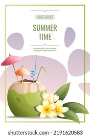 Flyer template design with coconut cocktail, cocktail umbrellas and straws, frangipani flowers. Summer beach party, bar, refreshing drinks. Banner, flyer, poster A4 size for advertising