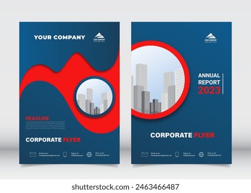 Diseño de la Plantilla del volante Corporativa cubierta del libro A4 tamaño azul color rojo. Uso para el folleto, informe anual, revista, cartel, presentación del negocio, Cartera, folleto, Anuncio, Sitio web, Vector.
