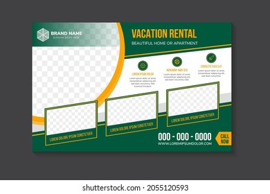 Flyer Template Design With Example Headline Is Vacation Rental A Home And Apartment. Curve For Space Of Photo Collage. Advertising Banner With Horizontal Layout. Green Background And Yellow Element.