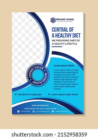 Flyer template design with example headline is Central of A healthy diet. Curve for space of photo collage. Advertising banner with vertical layout. multicolored white blue banner element background.