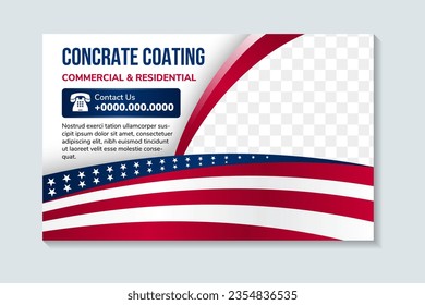 Flyer template design with example headline is concrate coating, commercial and residential. space of photo. Advertising banner with horizontal layout. white background with us flag style element.