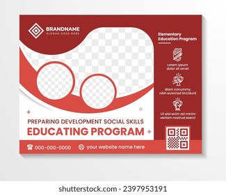 El diseño de plantillas de volante con título de ejemplo es un programa educativo. espacio de collage de fotos. Banner publicitario con diseño horizontal. elemento rojo multicolor en fondo blanco. icono de infografía