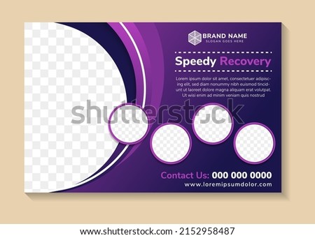 Flyer template design with example headline is Speedy Recovery. Curve for space of photo collage. Advertising banner with horizontal layout. purple blue gradient background.