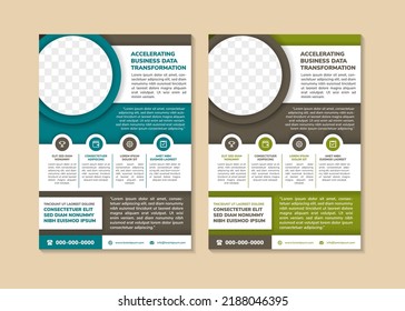 flyer template design with headline is accelerating business data transformation. space of photo and text. Advertising banner with vertical layout. combination blue, green and brown element colors.