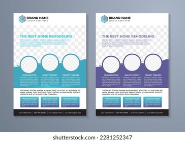 el diseño de plantillas de volante con titular es la mejor remodelación doméstica. espacio de pincel de collage de fotos y texto. Banner publicitario con diseño horizontal. elementos azules y púrpura en fondo blanco.