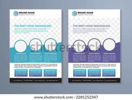 flyer template design with headline is the best home remodeling. brush space of photo collage and text. Advertising banner with horizontal layout. blue and purple elements in white background.