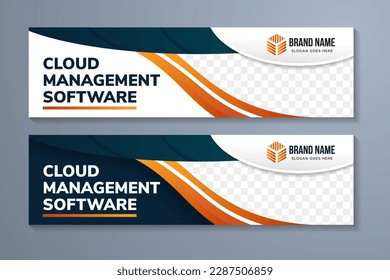flyer template design with headline is cloud management software. space of photo collage and text. Advertising banner with horizontal layout. dark green gradient and white elements and background.