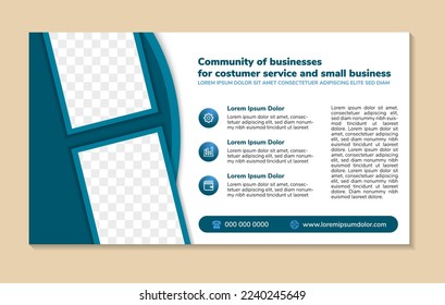 el diseño de plantillas de volante con titular es una comunidad de empresas. espacio de foto y texto. Banner publicitario con diseño horizontal. elemento azul multicolor en fondo blanco. estilo abstracto moderno