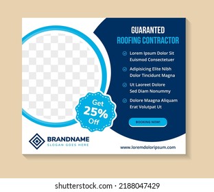 flyer template design with headline is guaranteed roofing contractor. space of photo and text. Advertising banner with horizontal layout. multicolors blue element in white background.