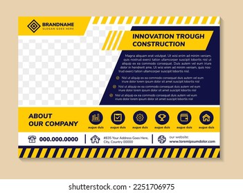 flyer template design with headline is innovation trough construction. space of photo collage and text. Advertising banner with horizontal layout. yellow and white element in blue bright background.