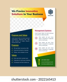 Flyer template design with headline is Innovative solutions for your business. space of photo. Advertising banner with vertical layout. white background with polygonal element use green, blue, yellow.