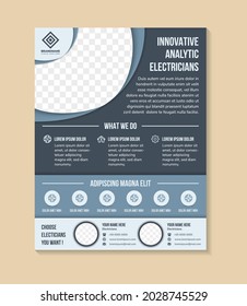 El diseño de plantillas de volante con titular es un innovador electricista analítico. Espacio de collage de fotos. Banner publicitario con diseño vertical. azul pastel multicolor en el fondo y elemento