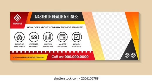 flyer template design with headline is master of health and fitness. space of photo and text. Advertising banner with horizontal layout. multicolors element in white background. abstract editable