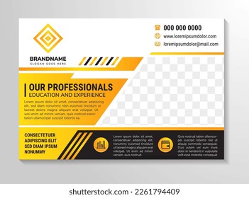 Flyer template design with headline is our professionals education and experience. geometric for space of photo collage. Advertising banner with horizontal layout. white background and yellow element.