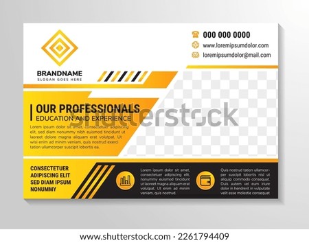 Flyer template design with headline is our professionals education and experience. geometric for space of photo collage. Advertising banner with horizontal layout. white background and yellow element.