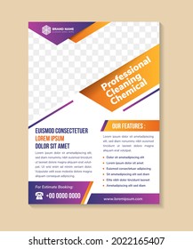 Flyer template design with headline is Professional cleaning chemical. space of photo. Advertising banner with vertical layout. white background with purple and yellow gradient of element.