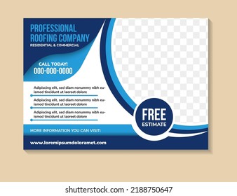 flyer template design with headline is professional roofing contractor. space of photo and text. Advertising banner with horizontal layout. multicolors blue element in white background