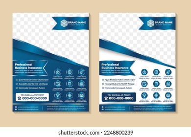 Das Design von Flugblättern mit Schlagzeile ist Professional Business Insurance. Raum der Fotocollage. Werbebanner mit vertikalem Layout. Kollektionsbroschüre mit blauem Farbverlauf-Hintergrund und Element