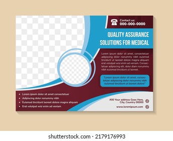 Flyer Template Design With Headline Is Quality Assurance Solutions For Medical. Space Of Photo Collage And Text. Advertising Banner With Horizontal Layout. Dark Red Background,  Blue Elements.