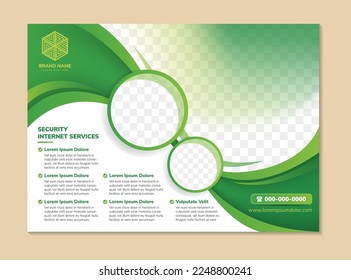 Flyer template design with headline is Security internet services. Curve for space of photo collage and text. Advertising banner with horizontal layout. white background with green gradient element.