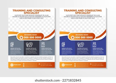 flyer template design with headline is training and consulting specialist. space of photo collage and text. Advertising banner with vertical layout. orange, purple, grey element with white background.