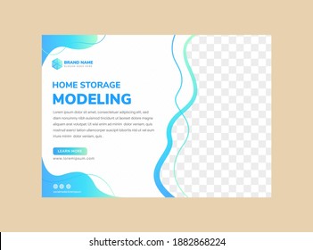 flyer template design of home storage modeling use blue gradient colors on element. liquid style on white background. diagonal line pattern. horizontal layout with space for photo collage. 